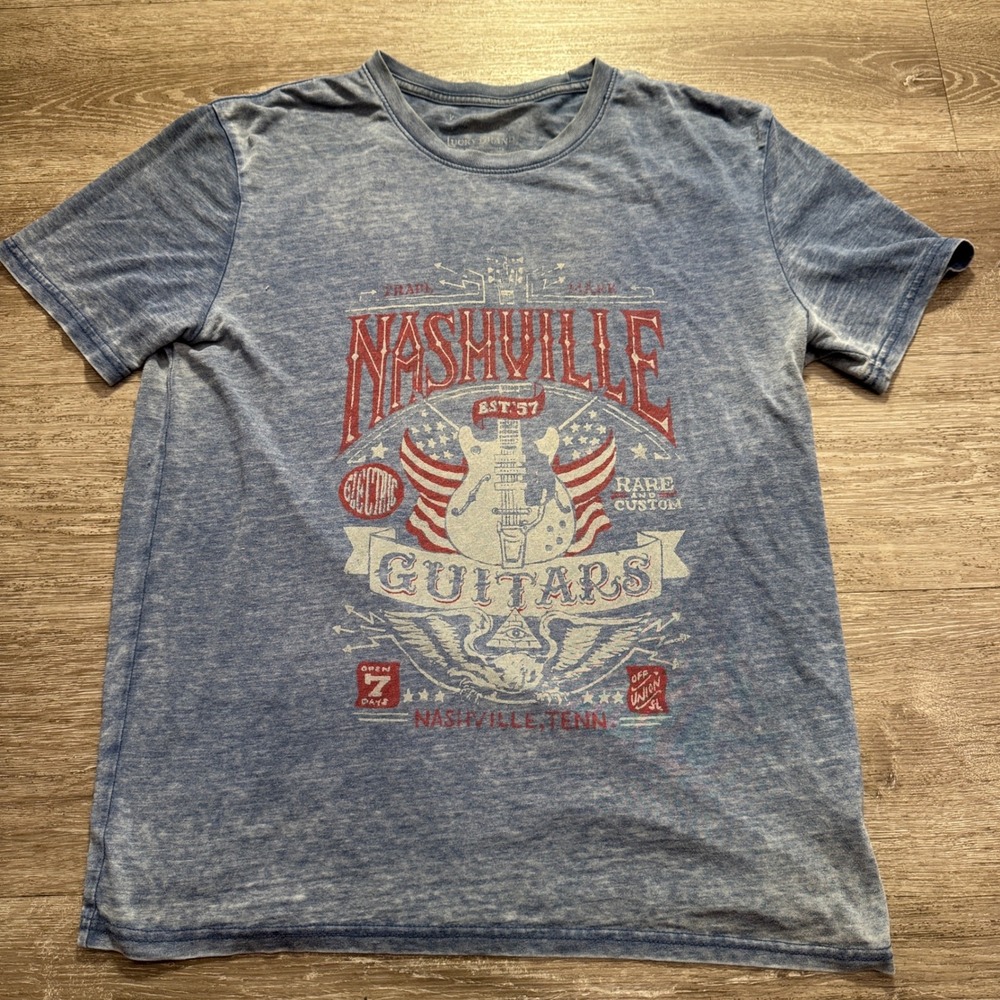Lucky Brand Shirt Mens M Blue Nashville Guitars Rock Vintage Venice Burnout Tee